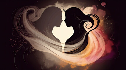 Wall Mural - duality of love, lgbt couple kissing romance silhouette - by generative ai