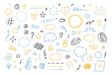 Hand Drawn Simple Elements Set. Sketch Underlines, Icons, Emphasis, Speech Bubbles, Arrows And Shapes. Vector Illustration Isolated On White Background.