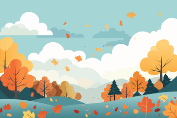 Autumn landscape with trees, mountains, hills, fields, leaves. Autumn leaves. Beautiful rural landscape. Autumn background. Vector illustration