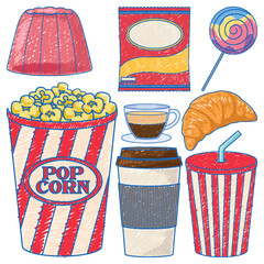 Sticker - Various Foods in Pencil Colour Sketch Simple Style