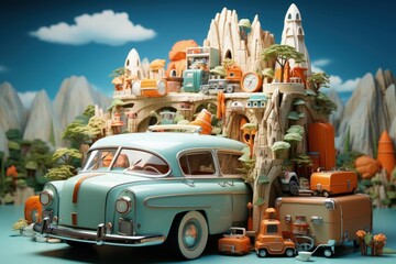 Suitcase on Wheels: The Traveling Car: 3D Cartoon Illustration, ai generate