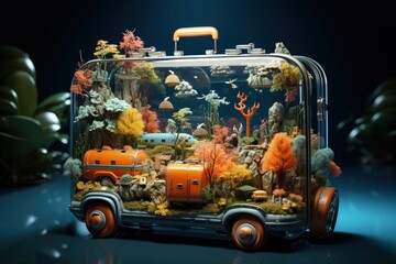 Travelogue of a Suitcase Car: 3D Cartoon Illustration, ai generate