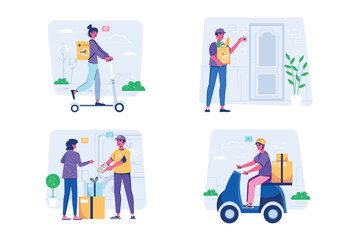 Aufkleber - Delivery set concept with people scene in the flat cartoon style. Couriers deliver purchases to customers on various vehicles. Vector illustration.