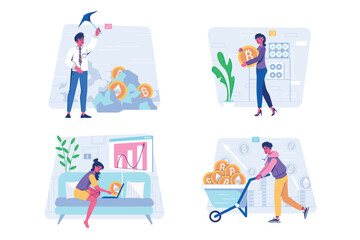 Aufkleber - Crypto set concept with people scene in the flat cartoon design. Young specialists work in the field of cryptocurrency. Vector illustration.