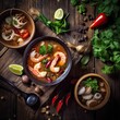 Tom Yum Goong,Thailand food ,rustic style background, copy space,Generative AI