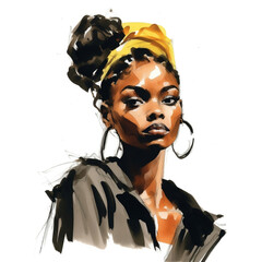 Illustration: expressive portrait of a young beautiful black woman. Fashion portrait of girl drawn with watercolors and markers. Generative AI