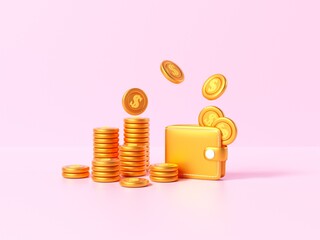 3d wallet, stack of coins, on pink background, saving money concept, online payment and payment. 3d illustration