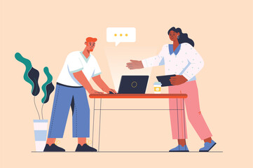 Poster - Business meeting concept with people scene in the flat cartoon design. Business colleagues met to discuss all the details of the work. Vector illustration.
