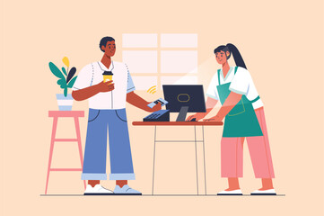 Aufkleber - Cash free payment concept with people scene in the flat cartoon design. A man pays for coffee in a cashless way. Vector illustration.