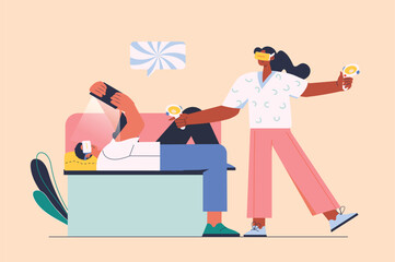 Aufkleber - Metaverse concept with people scene in the flat cartoon design. Friends play computer games together in the metaverse. Vector illustration.