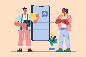 Poster - App development concept with people scene in the flat cartoon style. The development team is testing a new mobile application. Vector illustration.