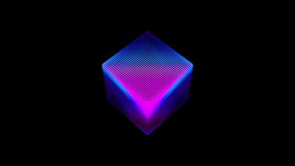 Poster - looped distortion waves on abstract cube of particles. digital data splash of box point array. futur