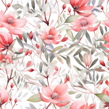 Pink Floral Seamless Pattern Of Blooming Flowers. AI Illustration. Design For Fabric Luxurious And Wallpaper, Vintage Style. Hand Drawn Floral pattern. Botany Garden.