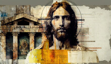 Modern Portrait Painting Illustration Of Jesus Christ, The Savior Of Mankind Collage Concept. Bibel Art, Banner For Background Use. Generative AI
