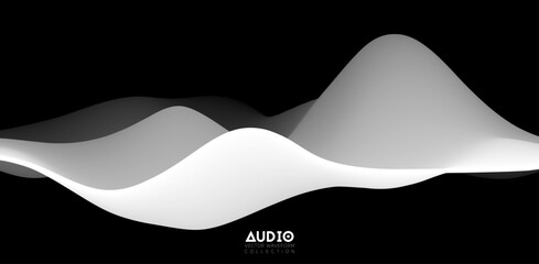 Poster - sound wave visualiztion. 3d black and white solid waveform. voice sample pattern.