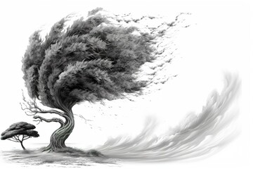 Poster - drawing tree in strong wind isolated on white background. AI generated.