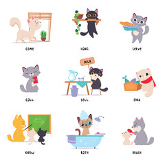 Sticker - Funny Cat in Different Action as English Verb for Educational Activity Vector Illustration Set