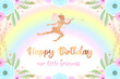 Cute fairy backdrop for a birthday party. Beautiful background with a little pixie silhouette, rainbow and a floral frame. Vector illustration 10 EPS.