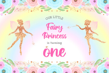 Wall Mural - Cute fairy backdrop for a first birthday party. Beautiful background with a little pixie silhouette, rainbow and a floral frame. Vector illustration 10 EPS.