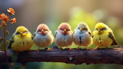 little funny birds and Chicks sitting on a branch in summer garden Generative AI