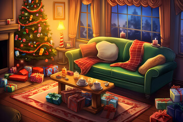 Wall Mural - decorated for Christmas interior of a house in the suburbs of the USA, a sofa, a fireplace and a Christmas tree