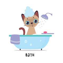 Sticker - Funny Brown Cat Bathing in Bathtub as English Verb for Educational Activity Vector Illustration