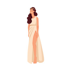 Wall Mural - Greek Girl in White Antique Clothes and Wavy Hair Standing Vector Illustration