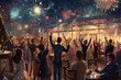 Illustration of 1920s party with a lot of people at night party
