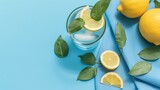 Fototapeta  - a glass of water with lemons and leaves. Generative AI Art.