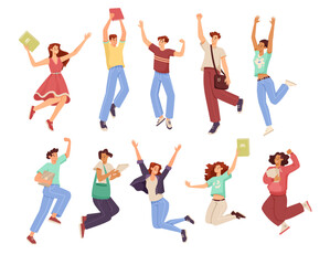 Wall Mural - Happy Students Jumping Feeling Happiness and Rejoice Vector Set