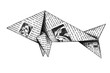 Bleistift Zeichnung von einem dekorativen Origami Fisch oder Delfin aus Zeitung und Papier gebastelt