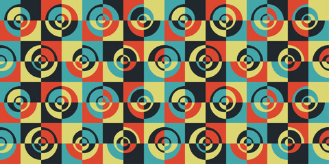 Fototapete - Mosaic pattern with quarters, colorful rings on the tiles.  Vector and geometrical tile pattern. Modern abstract tile with rings and squares.