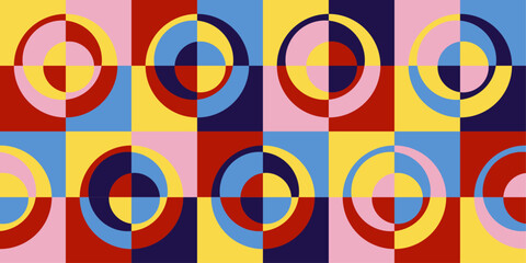 Fototapete - Mosaic pattern with quarters, colorful rings on the tiles. Modern style with circles and rings on a strict tile. Vector and geometrical tile pattern.