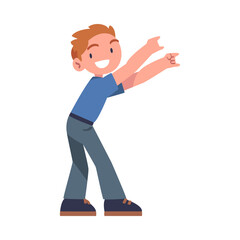 Wall Mural - Happy Boy with His Hands Up Point at Something Standing and Smiling Vector Illustration