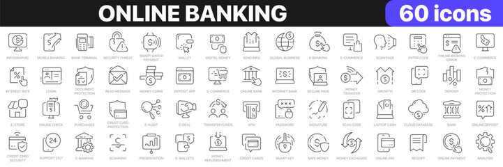 Online banking line icons collection. Wallet, finance, payment, bill, security icons. UI icon set. Thin outline icons pack. Vector illustration EPS10