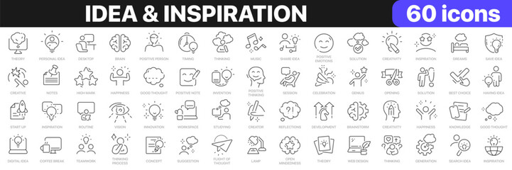 Leinwandbilder - Idea and inspiration line icons collection. Theory, education, thinking, creative, startup icons. UI icon set. Thin outline icons pack. Vector illustration EPS10