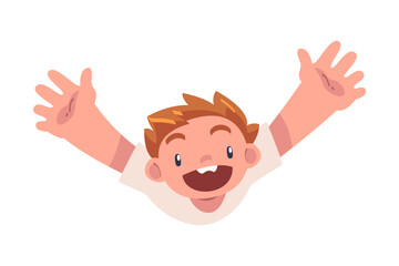 Poster - Happy Boy with His Hands Up Above View Vector Illustration