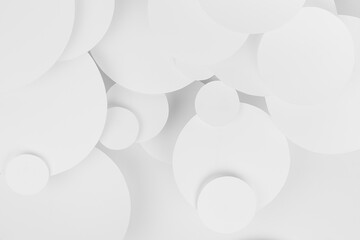 Poster - White abstract background of paper circles pattern of different size fly, perspective, top view, backdrop for advertising, design, card, poster, flyer, text in elegant soft light modern simple style.