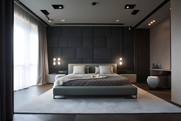 Classic style bedroom interior with modern bed in luxury house. AI generated