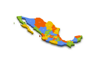  Mexico political map of administrative divisions - states and Mexico City. Colorful 3D vector map with country province names and dropped shadow.