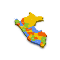  Peru political map of administrative divisions - departments. Colorful 3D vector map with country province names and dropped shadow.