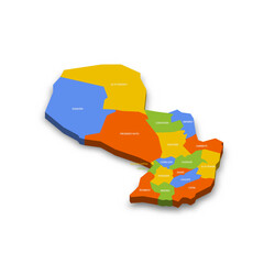 Paraguay political map of administrative divisions - departments and capital district. Colorful 3D vector map with country province names and dropped shadow.