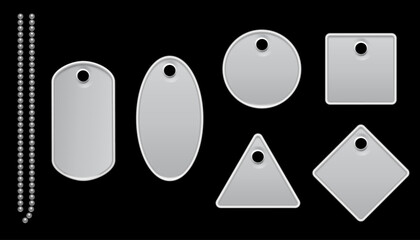 Poster - Grey price or label metal badges and chain mockup template set. Blank cards for gifts or sales of different shapes vector illustration: round, rectangle, square on black background