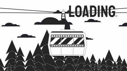 Fototapete - Cable car clouds bw loader animation. Cabin above forest. Cableway in woods. Flash message 4K video. Chill lofi isolated monochrome loading animation, alpha channel transparency for UI, UX web design