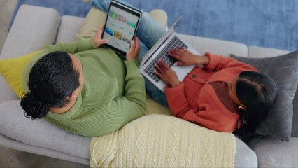 Poster - Above, remote work and a couple with laptop on the sofa for research, communication and connection. Entrepreneurship, typing and a man and woman on the home couch with a computer for an email and web