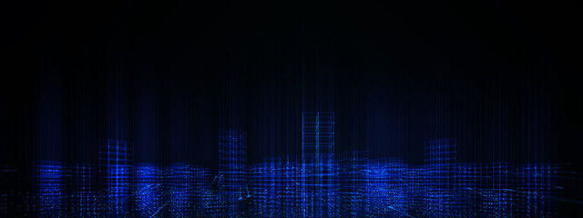 Fototapete - Futuristic big data city data technology modern blue background banner concept, wireframe skyline connecting link structure dark blue contrast copyspace.