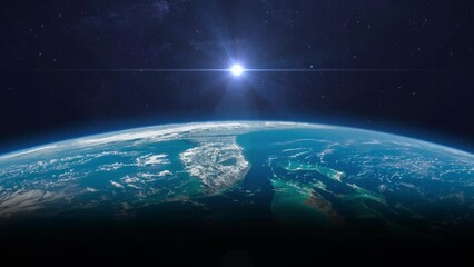 Wall Mural - sunrise from space. sunrise over blue planet earth, view from space. view of the earth, nebula and s