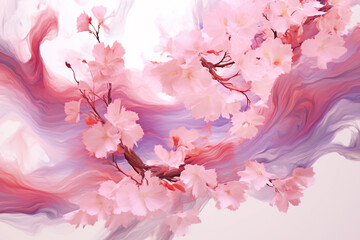 Poster - An abstract representation of cherry blossoms in vibrant hues of pink and white, with flowing lines and delicate petals. Generative AI technology.