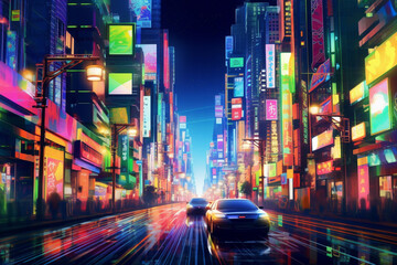 Aufkleber - An abstract representation of the vibrant neon lights and bustling energy of Tokyo cityscape, with geometric shapes and electric colors.  Generative AI technology.