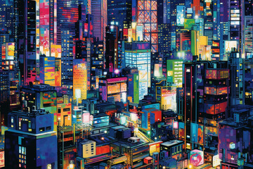 An abstract representation of the vibrant neon lights and bustling energy of Tokyo cityscape, with geometric shapes and electric colors.  Generative AI technology.